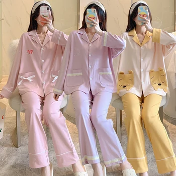 2022 Jar Jeseň Dlhý Rukáv Bavlna Pajama Sady pre Ženy kórejský Čipky Sleepwear Vyhovovali Pyžamo oblečenie pre voľný čas Pijama Mujer Domáce Oblečenie