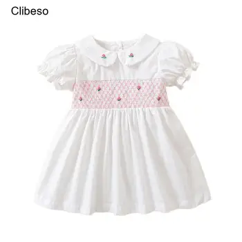 2023 Clibeso Boutique Design Ručné Výšivky Letné Šaty pre Dievčatká Deti Vintage Smocked Biele Šaty Deti Oblečenie