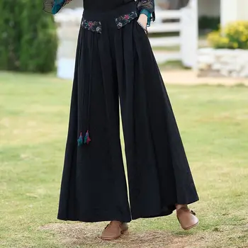 2023 čínsky vintage kvet vyšívané nohavice ženy tradičné širokú nohu, nohavice národnej elastický pás satin žakárové nohavice