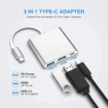 3 v 1 Typ C Na kompatibilný s HDMI Rozbočovač USB 3.0 PD Rýchle Nabíjanie Adaptér USB-C 3.1 Rozbočovač pre Mac Air Pro Samsung S8 Plus