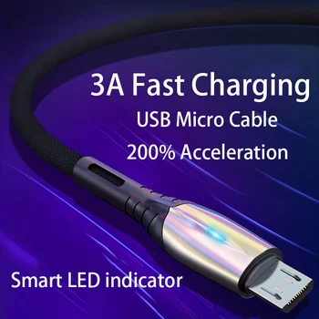 3A Rýchlo Chargin Micro USB Kábel pre Samsung Xiao Huawei V8 Telefón Príslušenstvo Dátový Kábel, Nabíjačka, USB Kábel S LED Indikátor