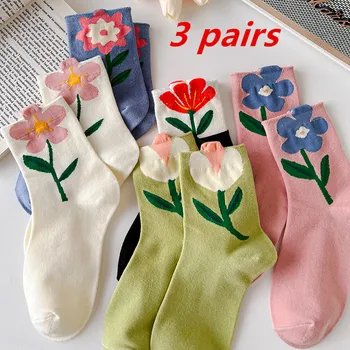 3Pairs Ženy Ponožky Kvetinový Vzor, Roztomilý Kawaii Japončina kórejčina Štýl Bavlna Harajuku Zábavné Priedušná Bežné Jarné Kvetinové Ponožky