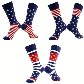 3pairs Mužov Americkej Vlajky Tlač Novinka Zábavnej Happy Socks Módne Americkej Vlajky Bavlnené Ponožky, Športové Ponožky