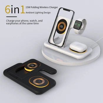 6in1 Rýchlo Bezdrôtový Nabíjací Stojan pre iPhone 13 14 Pro Max Sledovať Skladací Magnetický Nabíjací Dok S LED Nočné Lampy