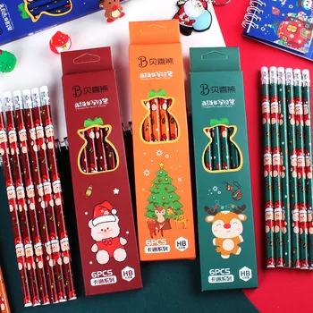 6pcs Kawaii Vianočné Ceruzky Gumy Cute Santa Snehuliak Elk HB Drevené Ceruzky pre Deti Späť Do Školy Kancelárske potreby