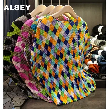 ALSEY Miyake Skladaný Vytlačené Krátke Rukáv Top Diamond Vzor Colorblocking Nové Letné Slim Voľné Motýľ Sleeve T-shirt Ženy