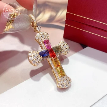 Aazuo Luxurylifestyle18K Žlté Zlato Prírodné Sapphire Skutočný Diamant Rainbow Kríž Náhrdelník Nadaný Pre Ženy Birtthday Strany