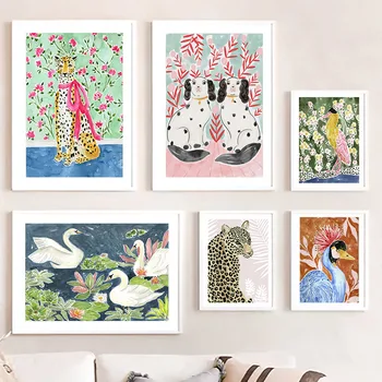 Abstrakt Tropická Rastlina, Kvet Leopardí Pes, Vták Swan Plagát Nordic Wall Art Print Plátno Na Maľovanie Obrázkov Na Obývacia Izba Dekor