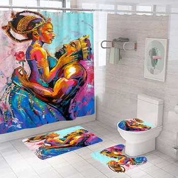 Africký Američan Dievčatá Sprchový Záves Set s Mat Koberec Koberec Ženy Kúpeľňa Oblasť Wc Inšpiráciu Domova Cortina