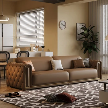 Americký kožená sedačka obývacia izba 2022 nový jednoduchý 3-meter hnedé vrchnú vrstvu cowhide tri alebo štyri osoby, in-line gauč