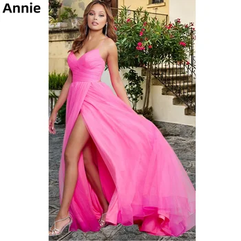 Annie Ružová Večerné Šaty tvaru Traky S Bočné Rozparky Prom Dressess Dlho-line Otvorte Zadný Vestidos De Noche