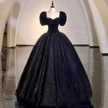 Bling Čierne Elegantné Party Šaty pre Ženy 2023 Nové Večerné Šaty Lištovanie Námestie Golier, Krátke Rukávy Luxusné Formálne šaty
