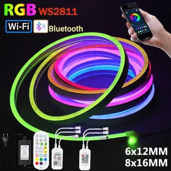 Bluetooth, Wifi APLIKÁCIE Ovládanie Flexibilné RGB Neon LED Pásy Svetla WS2811 Farebná Vodotesná Páska Páska Izba Okolia Dekor Lampa