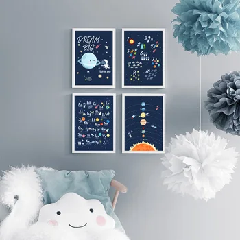 Cartoon Priestor Planéty Rocket Astronaut Star Škôlky Wall Art Plátno na Maľovanie Plagátu a Vytlačí na Stenu Obrázky Baby detská Izba Decor