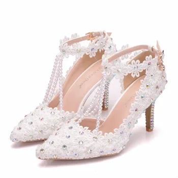 Crystal Kráľovná Svadobné Topánky Žena Sandále Jasné Strapec Perly Luxusnej Čipky, Výšivky Biele Špicaté Nevesta Dievčatá