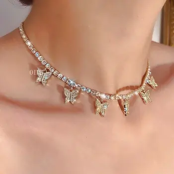 Crystal Motýľ Prívesky Ženy Chokers Osobnosti Zlatá Farba Duté Reťazca Choker Náhrdelníky pre Dámy Punk Golier šperky