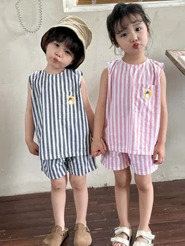 Detský Set Chlapčenské Oblečenie z Čistej Bavlny 2023 Nové kórejská Verzia Zvislý Pruh Dieťa Bežné Dievčenské tielko Lete