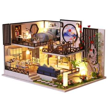 Diy Mini Drevený domček pre bábiky Atrament Vôňa a Bambusu, Šarm Miniatúrne Položky Maison Deti, Dievča a Chlapec na Hračky Narodeninám