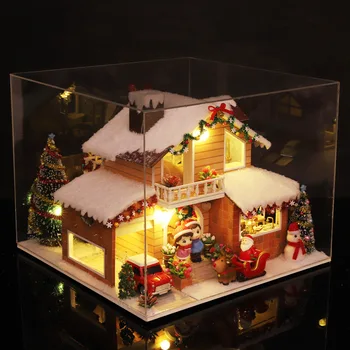 Domček pre bábiky Ručne vyrábané Drevené Vianočné Dom Villa Model Ice Manor Miniture Bábika Domy Príslušenstvo s Nábytkom Vianočné Hračky