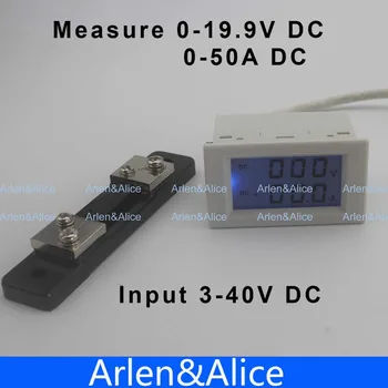 Duálny LCD displej DC Napätia a prúdu meter voltmeter ammeter rozsah DC 0-19.9 V 0-50A Modré podsvietenie DC 3~40 Vstup S posuvnými