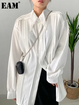 [EAM] Ženy Biela Skladaný Veľké Veľkosti Elegantná Blúzka Nové Klope Dlhý Rukáv Voľné Nosenie Tričko Fashion Príliv Jar Jeseň roku 2023 1DF0359