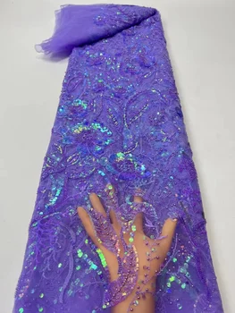 Fialová Afriky Ťažké Korálkové Čipky Textílie Kamienkami francúzsky Ručné 3D Výšivky Flitrami Čipky Tkaniny Pre Svadobné Svadobné Šaty