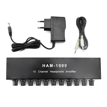 HAM-1000 Multi-kanálové Audio Splitter 10 Kanálov Mini Slúchadlový Zosilňovač Kompaktný Stereo Audio Zosilňovač s napájacím Adaptérom