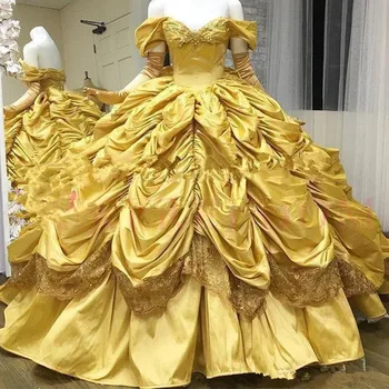 Haute Couture Žlté zlato Quinceanera Šaty Off Ramenný gotický krajky-up-Princezná Plus Veľkosť Prom Šaty, Sukne s Volánmi