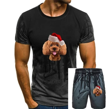 Hravé Toy Pudel Pes nosí Santa Vianočné T-Tričko-pánske T-Shirt-Čierne(1) Claus Klobúk