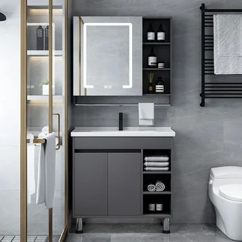 Jednoduché, Podlaha z masívu Kúpeľňa Kabinetu Smart Zrkadlová Skrinka Umývadlo Kúpeľňa Márnosť Skrinka s Umývadlom Kúpeľňový Nábytok