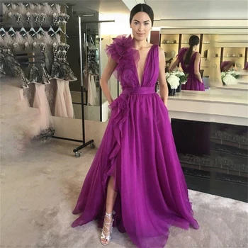 Jednoduché Purple Prom Šaty Tylu V Krku Vysokej Štrbinou Ženy Prom Šaty Večerné Šaty Šaty Vysoká Rozdeliť vestidos elegantes para mujer