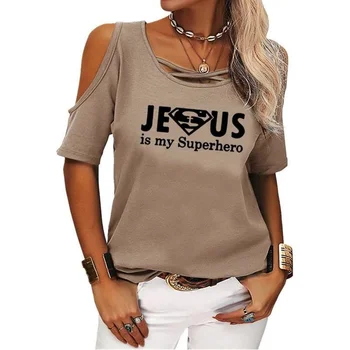 Ježiš Krátke Rukávy Mimo Ramenný Tlač Ženy Príležitostné Letné Tričko Dievča 2022 Tee Tričko Voľné Top T-Shirt