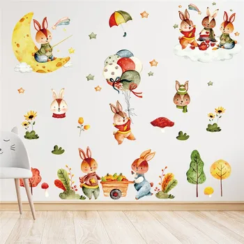 Krásne Bunny Život Samolepky na Stenu Pre Deti Miestnosti, Spálne Dekorácie Cartoon Zvierat Králik Nástenné Art Diy Domáce Obtlačky Pvc Plagáty