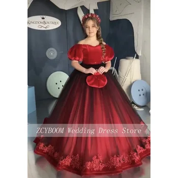 Krásne Červené Plesové Šaty Flower Girl Šaty Pre Svadobné 2023 Lístkového Rukávy Tylu Appliques Prvé Sväté Prijímanie Šaty Sprievod Šaty