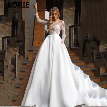 LORIE Riadok Princezná svadobné šaty, Saténové Boho Čipky Nevesta Gows Appliqued 3/4 Rukáv Dĺžka Podlahy Vestido de Voiva