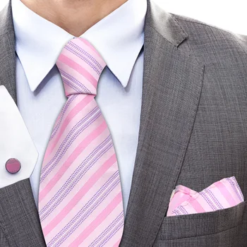 LYL 8CM Módne Ružovú Kravatu Prepracované pánske Kravata Nastaviť Elegantný Design Stripe S manžetové gombíky Vreckovku pre Elegantné Oblečenie