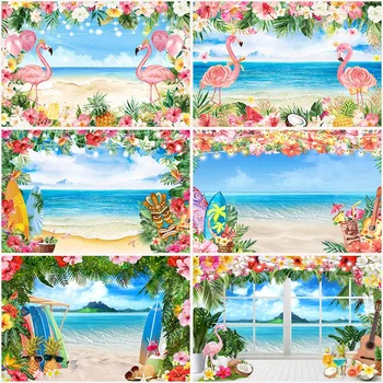 Letné Havajskej Pláži Pozadie Oblohy Tichom Tropický Kvet Palmové Listy Surf Fotografiu Na Pozadí Party Dekor Transparent Foto