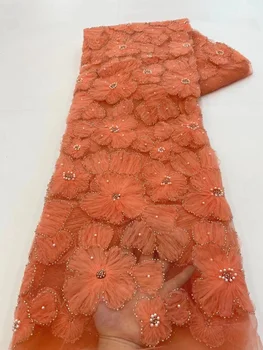 Luxusné Beades Postupnosť Afriky Čipky Textílie 5 Metrov Vysokej Kvality Francúzsky Tylu Flitrami Nigérijský Asoebi Svadobné Tkaniny Šitie