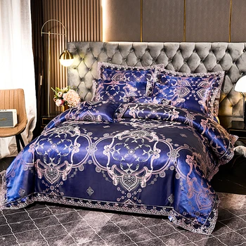 Luxusné Žakárové posteľná bielizeň Set Home Kráľovná King Size posteľ nastaviť 4pcs Perinu obliečky na Vankúše Posteľ List Nastaviť Modrá