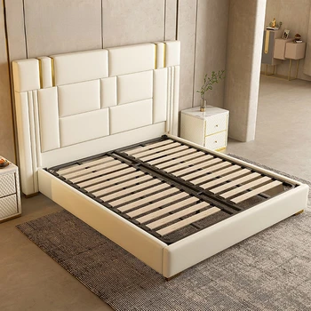 Luxusný Nábytok, Kožené Postele Manželská posteľ moderné ľahké pohodlné spálne nehrdzavejúcej ocele mäkké späť taliansky posteľ