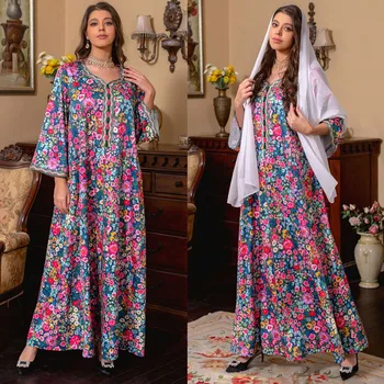 Na Blízkom Východe Ženy, Oblečenie Kvetinový Tlač Elegantné Moslimských Hidžáb Oblečenie 2023 Ramadánu Eid Jalabiya Dubaj Marocký Kaftan Arabčina Župan