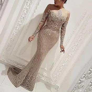 Najnovšie Dizajn Oka priehľadnej Čipky Sequin Elegantné, Sexy Maxi Dĺžka Celebrity Strany Večerné Šaty narodeniny šaty pre ženy