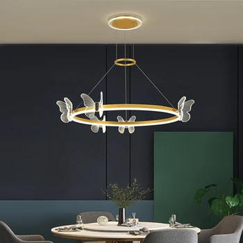 Nordic Svetiel Prívesok Zlatý Prsteň Moderné Luxusné LED Luster pre Spálne, Obývacej Miestnosti, Reštaurácie, Akryl Butterfly Design Žiarovky