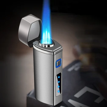 Nový Silný Tri Oheň Direct Spray Modrý Plameň Cigaru Ľahšie Nafukovacie Batérie Dvojaký Účel Vetru Ľahší s Cigaru Nôž