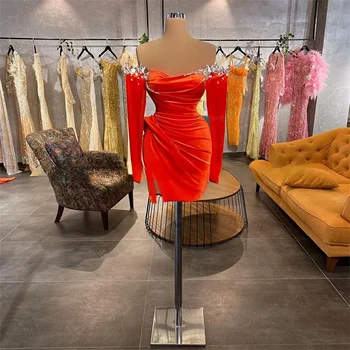 Orange Koktejlové Šaty Luxusné Perličiek Crystal Mini Party Pre Ženy 2022 Off-The-Ramenný Plášť Prom Šaty Šaty De Soirée Vestido