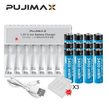 PUJIMAX Nabíjateľná Lítium-AA1.5V 3400mWh Batérie+8-slot Inteligentná Nabíjačka Batérií S Micro USB Kábel Pre Budík Flashligh