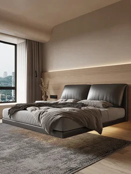 Plávajúce posteľ reálnom kožené tichý vietor spálňa veľkú posteľ taliansky ľahké luxusná posteľ jednoduché masívne drevo mäkké zabalené posteľ