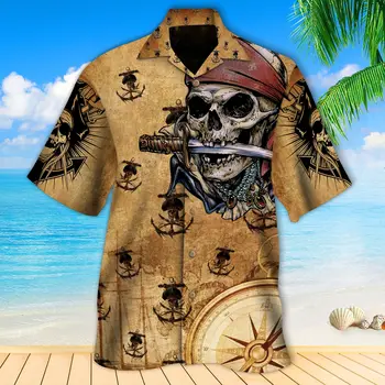 Pláž Havajské Voľný čas Lebky Pirát Havaj 3D Tlač Mens Farebné Tričko Krátky Rukáv Streetwear Módy Vetement Homme WY-301
