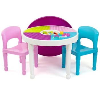 Pokorný Posádky Deti 2-v-1 Plastové Činnosť, Stôl a 2 Stoličky Nastaviť, Okrúhle, Biele, Modré & Ružová štúdia tabuľka pre deti