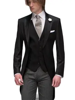 Populárny Dizajn Prispôsobený Ženícha Mužov, Svadobné Obleky Smoking Sako Nohavice Muž Obleky(Čierna Bunda+Vesta+Stripe Nohavice)